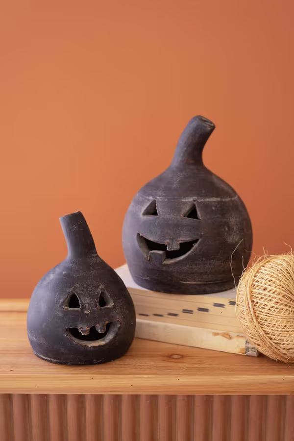 Set of 2  Small Black Clay Jack-O-Lanterns