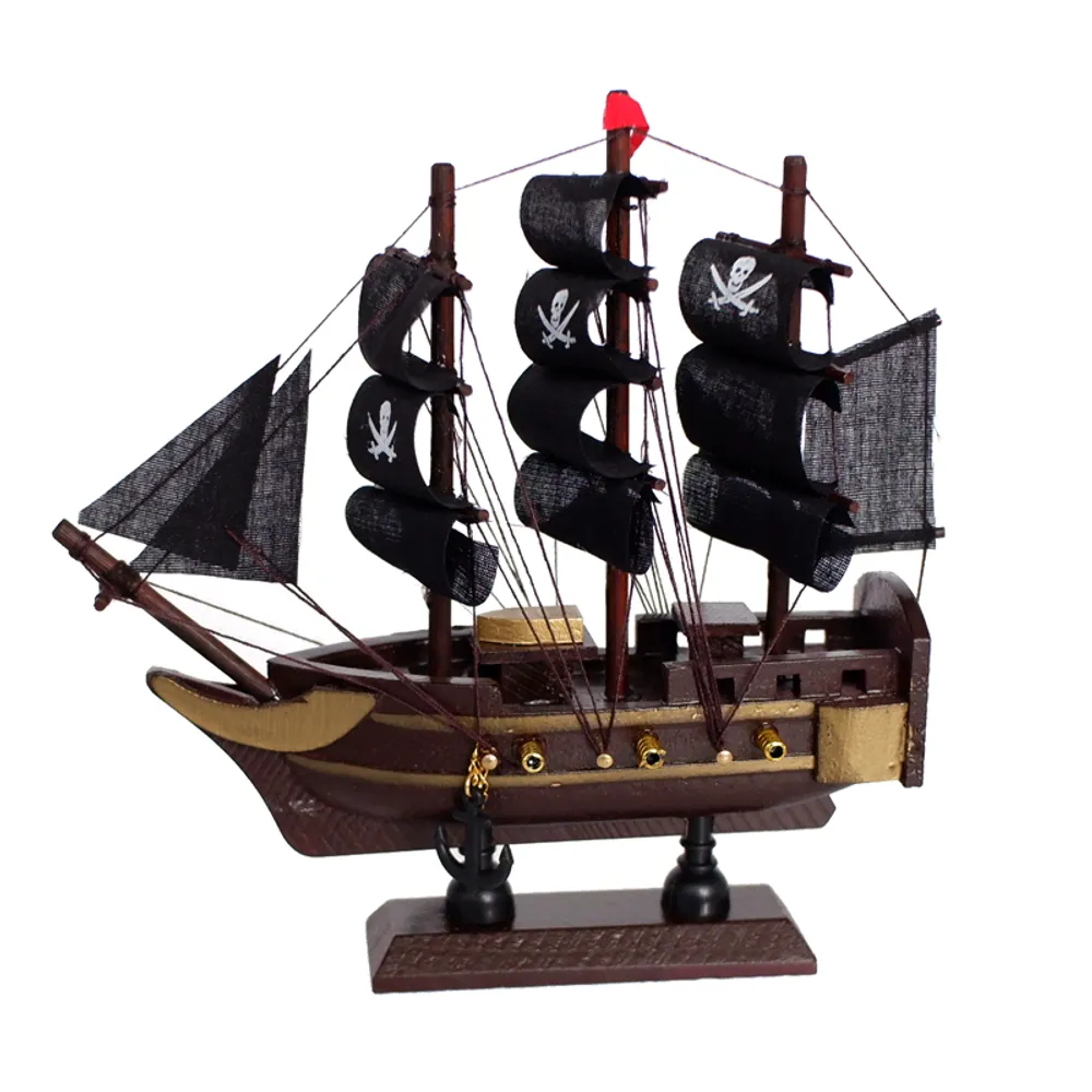 6" BROWN PIRATE SHIP WITH BLACK SAILS