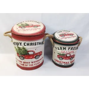 Tree Farm Metal Cans S/2 14in and 11in 1