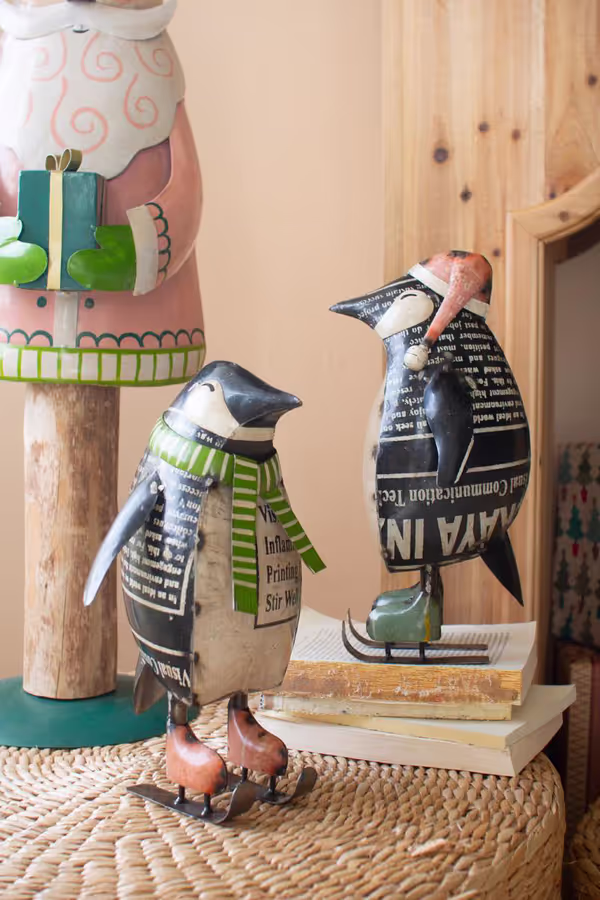 Set of 2 Recycled Metal Skating Christmas Penguins