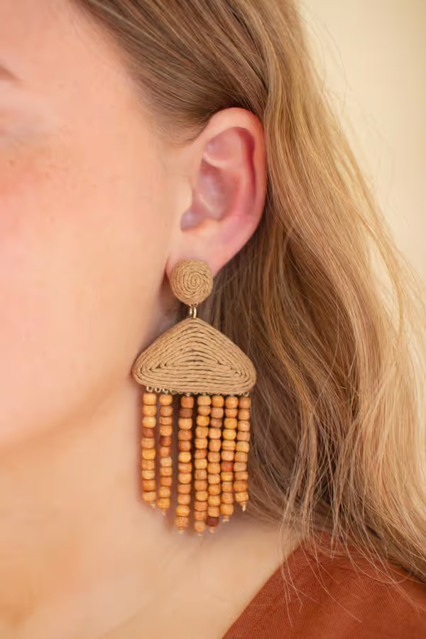Raffia and Mango Wood Beaded Earrings