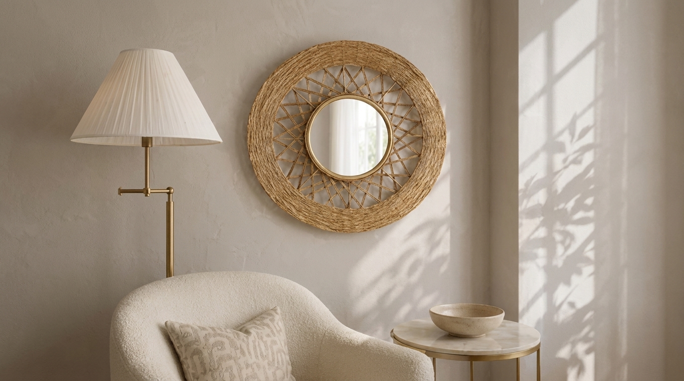 Round woven jute mirror above console in neutral living room