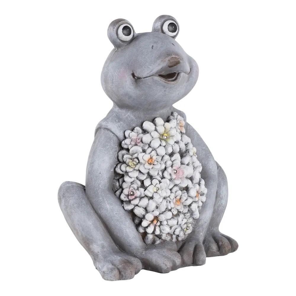 13X10" SITTING FROG WITH SOLAR FLOWERS, GREY MULTI
