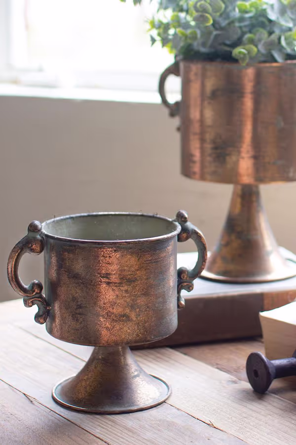 Set of 2 Antique Copper Finish Planters with Handles