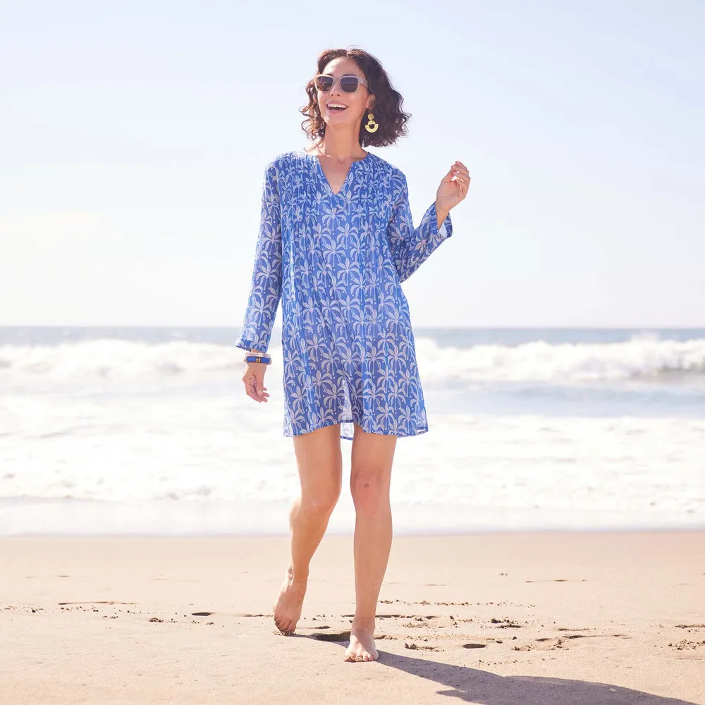 Palm Bunch Navy Cotton Pintuck Beach Cover Up