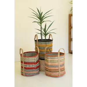 Set of 3 Multi-Colored Woven Jute Baskets with Handles 1