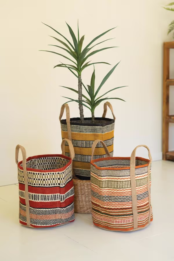 Set of 3 Multi-Colored Woven Jute Baskets with Handles