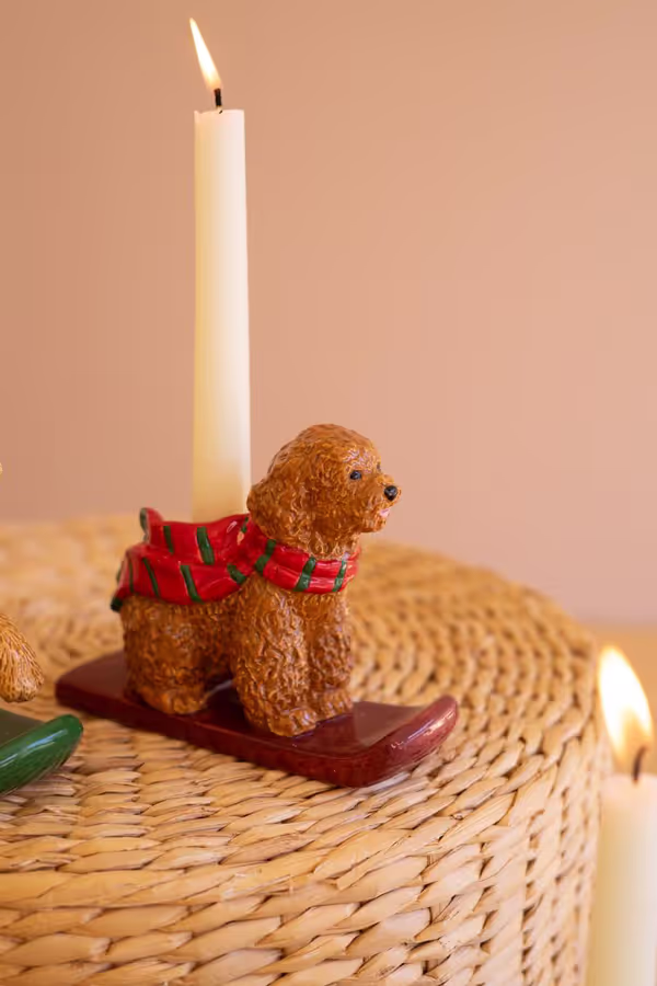 Set of 5 Ceramic Christmas Dog Taper Candle Holders