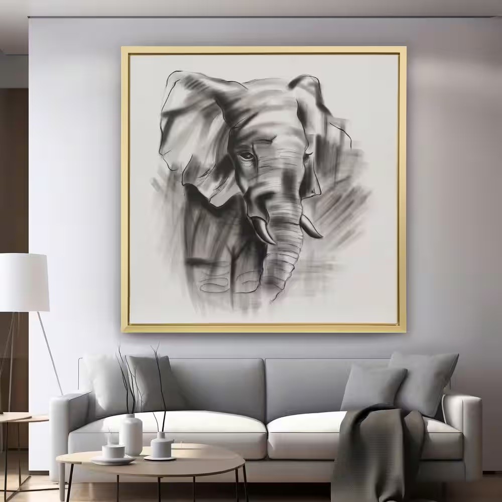 Black framed portrait canvas sized correctly above a cream sofa on a large neutral wall