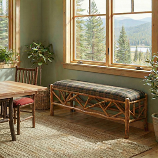 Hickory Log 4-foot Twig Bench - Upholstered Seat - Customer Material
