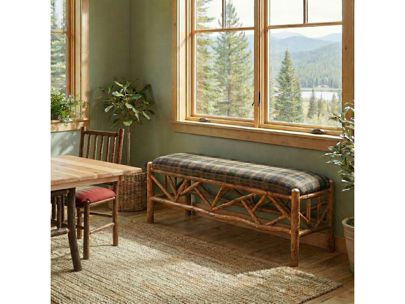 Hickory Log 5-foot Twig Bench - Upholstered Seat - Standard 1