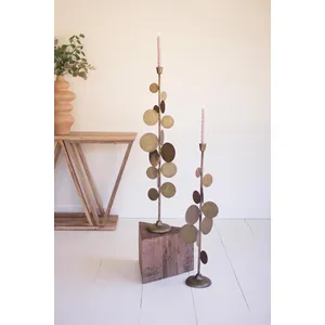 Set of 2 Antique Brass Candle Holders with Round Discs 1