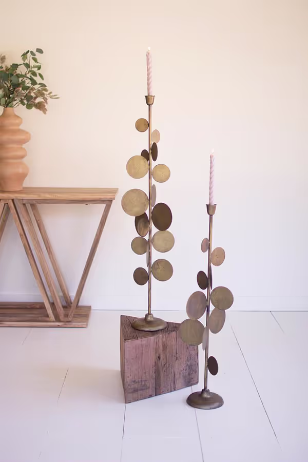 Set of 2 Antique Brass Candle Holders with Round Discs