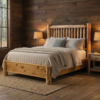 Cedar Log Small Spindle Bed with Dimensional Cedar Rail System - Cal King - Coffee