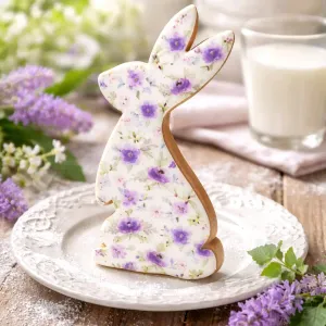 Wooden Standing Bunny with a Purple Floral Print 10x4in 1