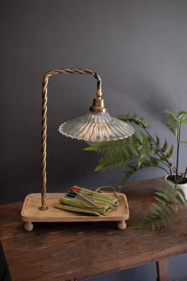 Gooseneck Table Lamp with Wooden Tray Base and Glass Shade