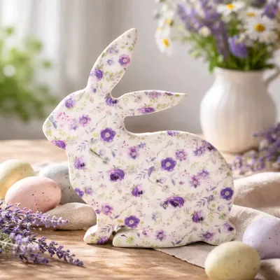 Wooden Bunny Sitter with a Purple Floral Print 8x7in