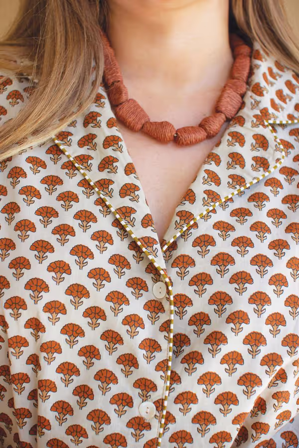Brown Short-Sleeve Printed Button-Front Dress with Trim