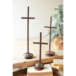 Set of 3 Scrap Metal Crosses with Caged Rock Bases 3