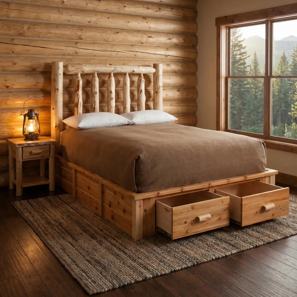 Cedar Log Footboard Dresser for Platform Bed - Two Drawer - Queen - Natural