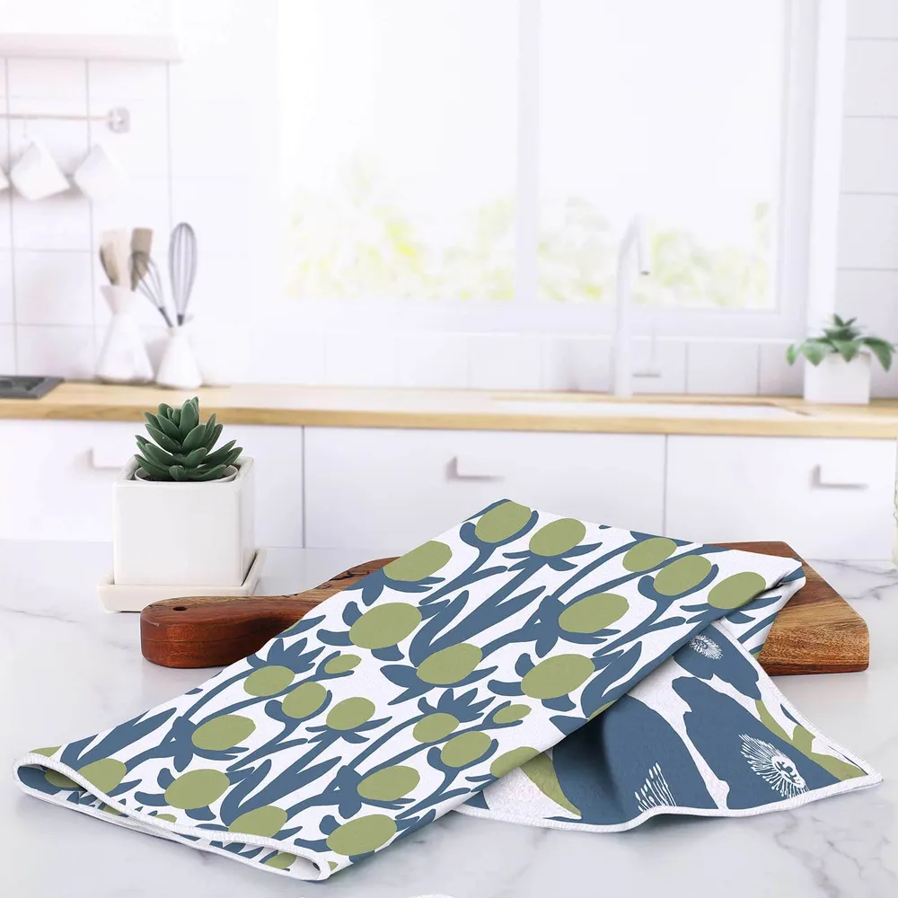 Soft Bloom Blue Green Eco Kitchen Tea Towel