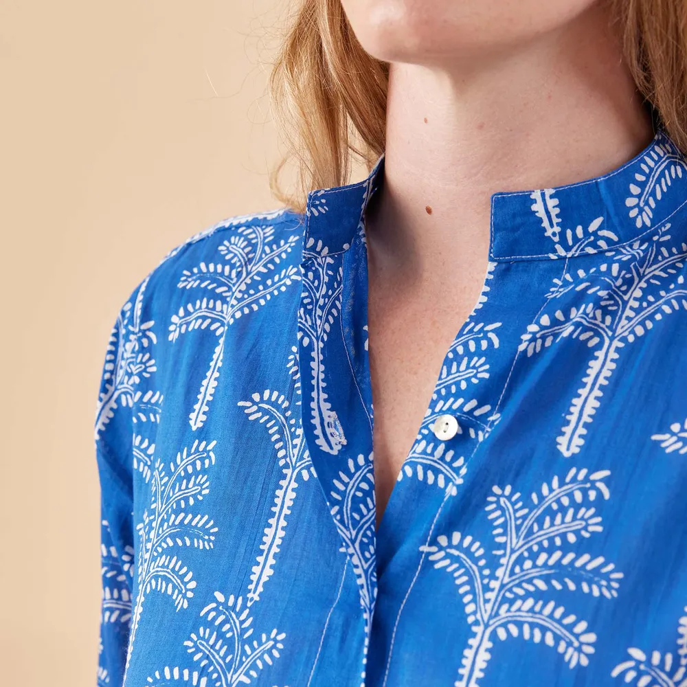 Palms Blue Cotton Long Shirt Dress