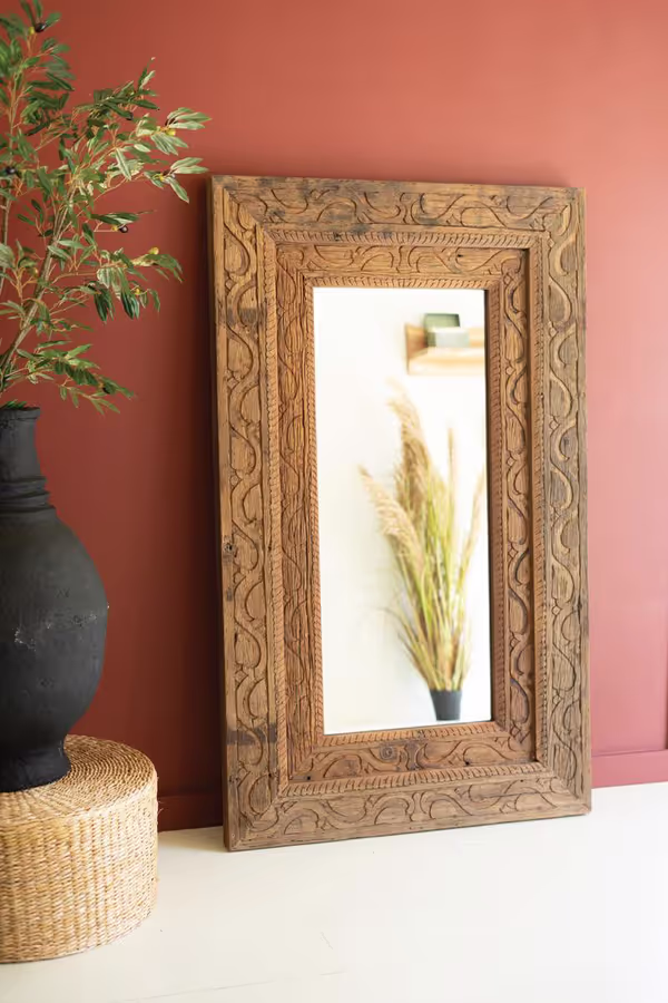 Hand-Carved Recycled Wood Framed Mirror