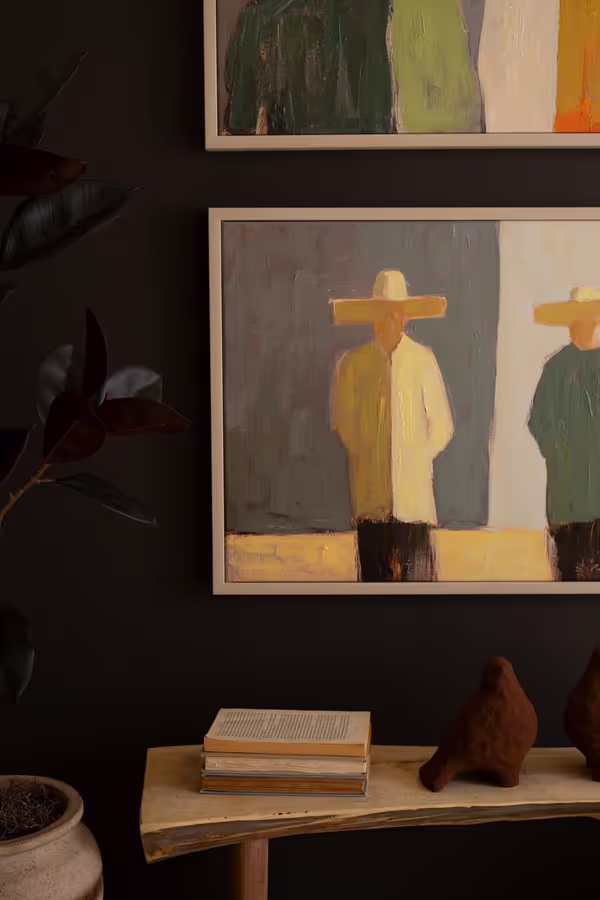 Set of 2 Framed Men and Women in Hats Paintings