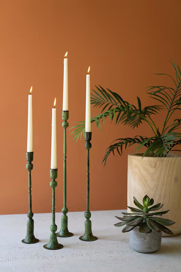 Set of 4 Forged-Iron Green Patina Taper Candle Holders
