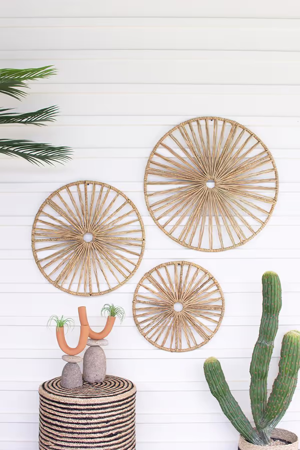 Set of 3 Spoked Seagrass and Iron Wall Art