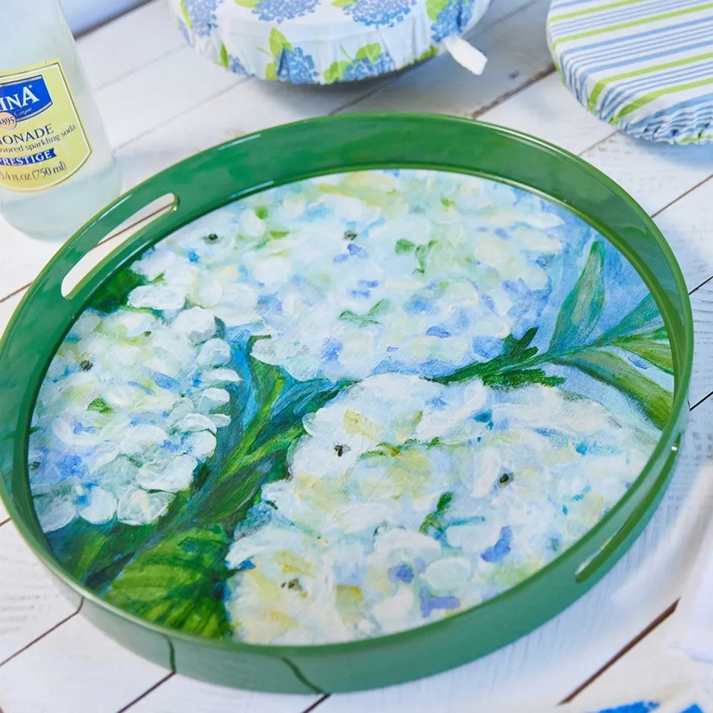 White Hydrangeas Round Lacquer Serving Tray