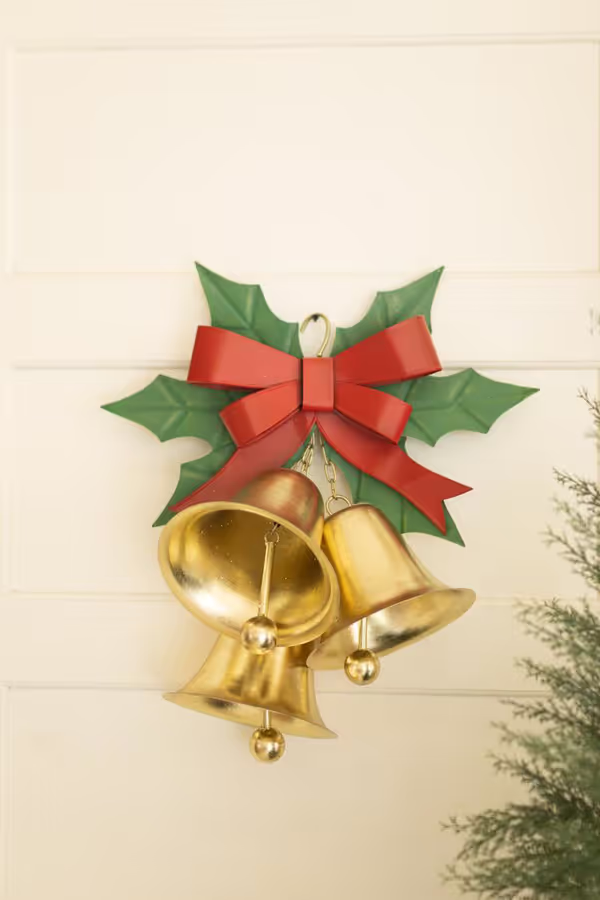 Painted Metal Christmas Bells and Holly Door Hanger