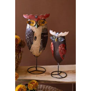Set of 2 Recycled Iron Owls on Stands 3