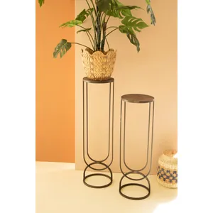 Set of 2 Metal Accent Pedestals with Recycled Wood Tops 5
