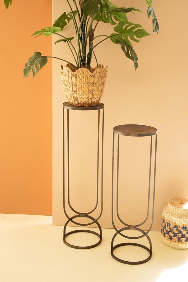 Set of 2 Metal Accent Pedestals with Recycled Wood Tops