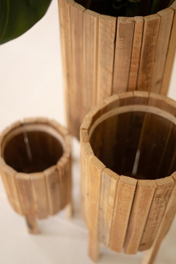 Set of 3 Round Recycled Slatted Wood Planters