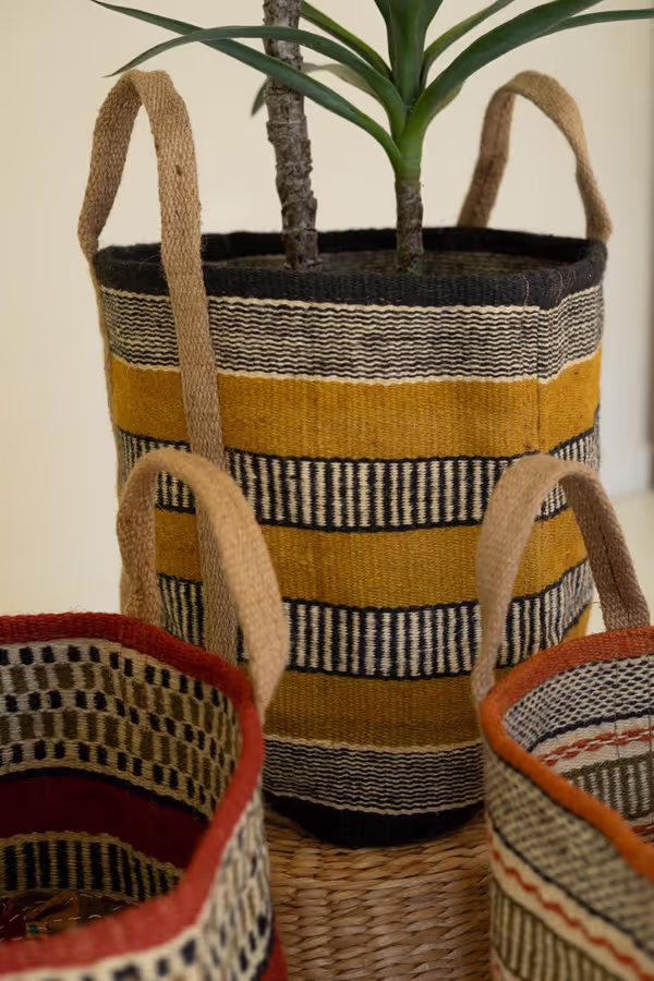 Set of 3 Multi-Colored Woven Jute Baskets with Handles
