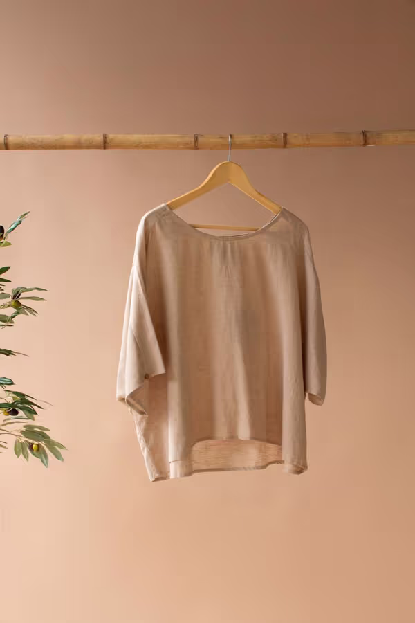 Short-Sleeve Blouse with Button Detail on Sleeves / Oatmeal