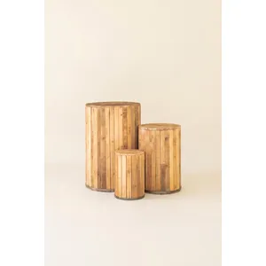 Set of 3 Round Recycled Wood Pedestals with Metal Trim Detail 4
