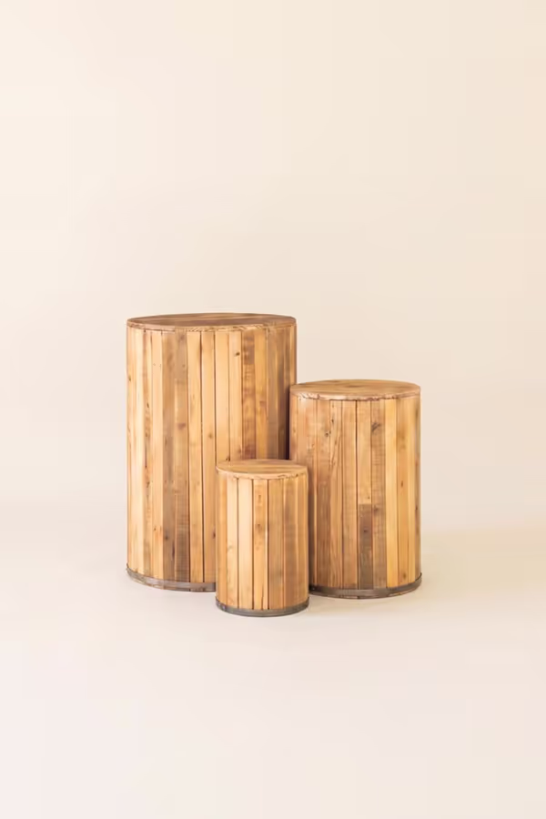 Set of 3 Round Recycled Wood Pedestals with Metal Trim Detail
