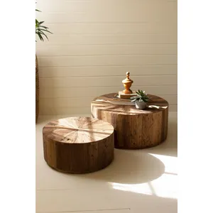 Set of 2 Recycled Wood Round Coffee Tables 1