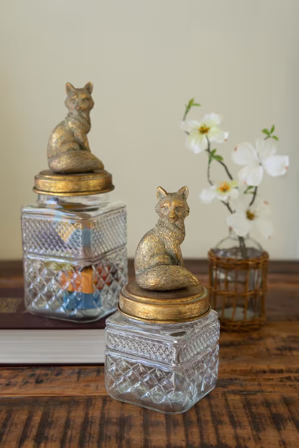Set of 2 Resin and Glass Fox Canisters