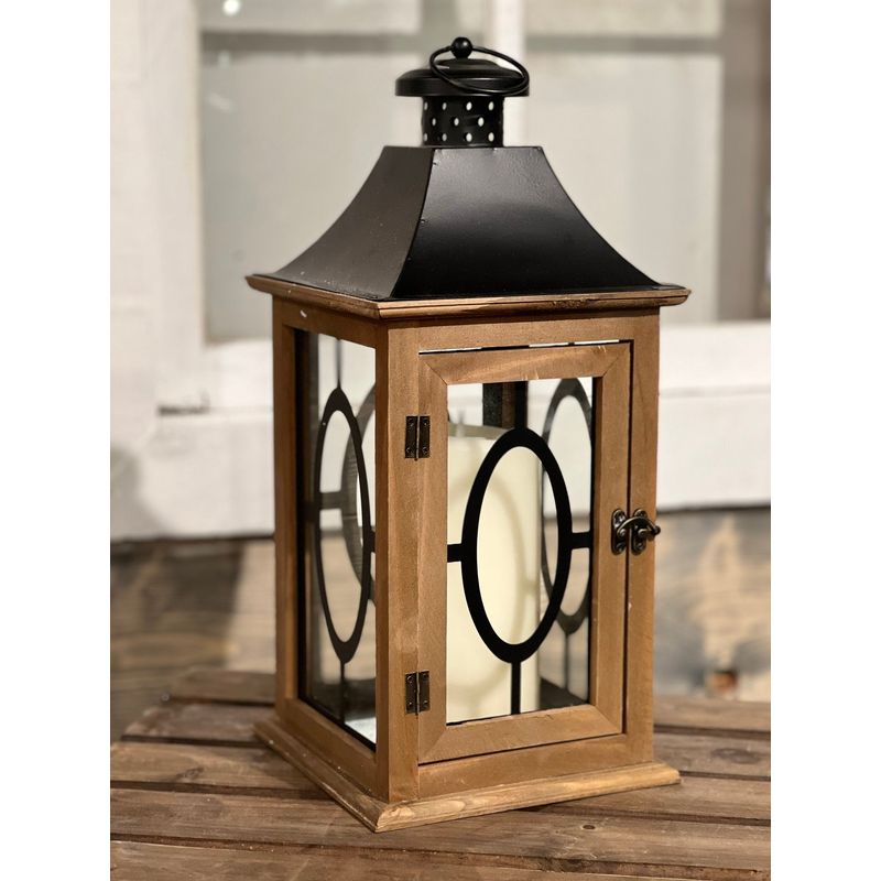 17" Wood Lantern with Black Metal Top