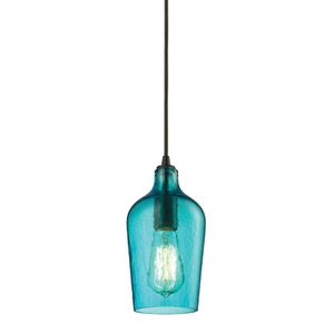 Hammered Glass 5'' Wide 1-Light Mini Pendant - Oil Rubbed Bronze with Aqua 1