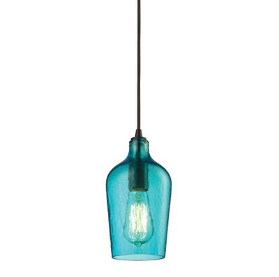 Hammered Glass 5″ Wide 1-Light Mini Pendant - Oil Rubbed Bronze with Aqua