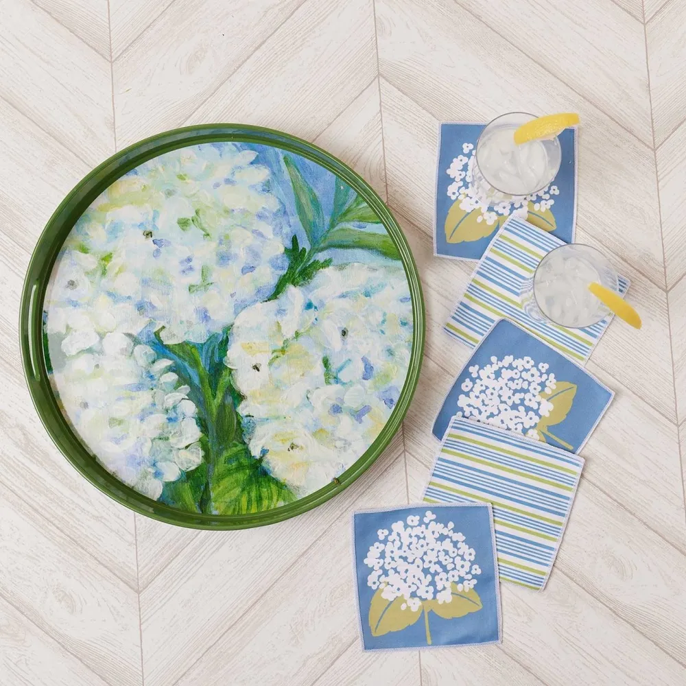White Hydrangeas Round Lacquer Serving Tray