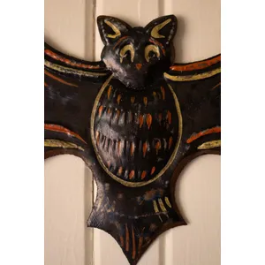 Hand-Hammered Painted Metal Bat with Happy Haunting Sign Wall Hanging 3