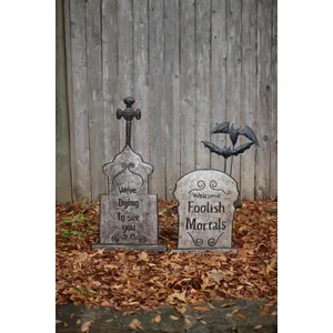 Set of 2 Hand-Hammered Painted Metal Tombstone Yard Stakes 2