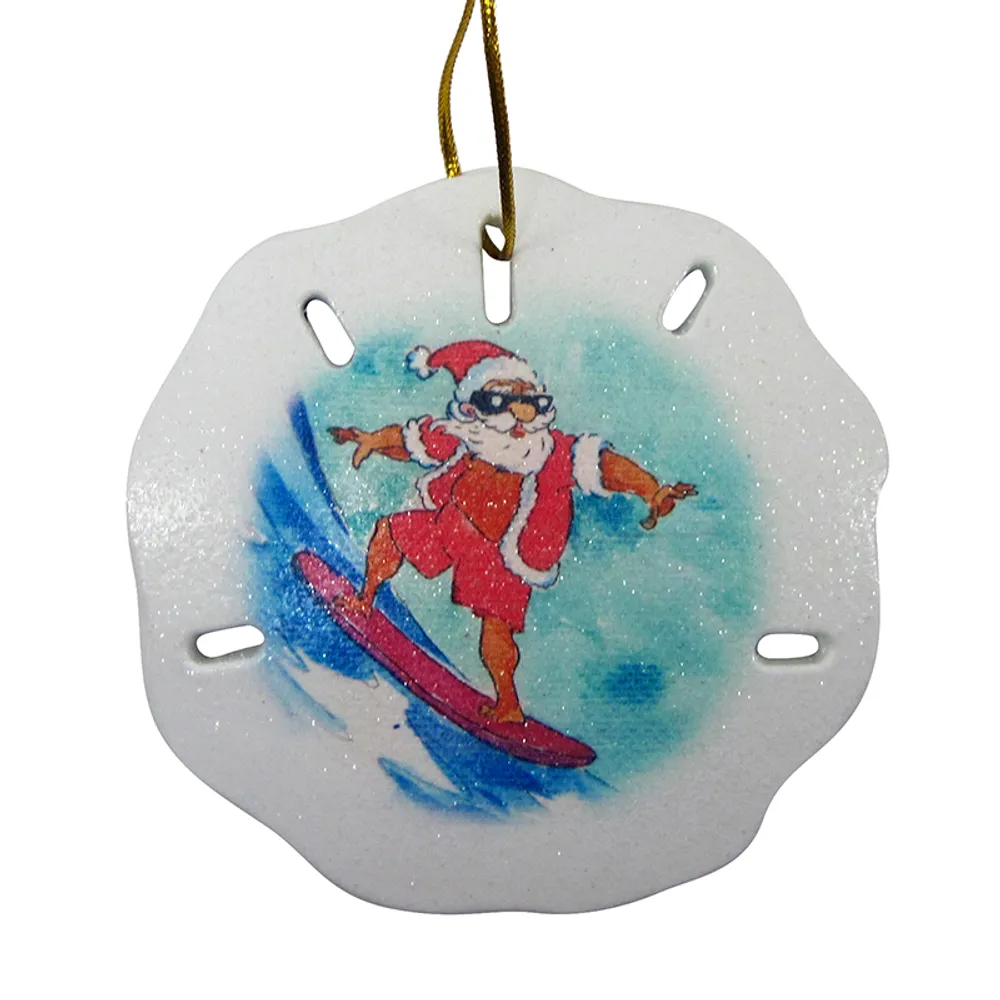 3-3/4" SANTA SURFINGSAND DOLLAR ORNAMEN