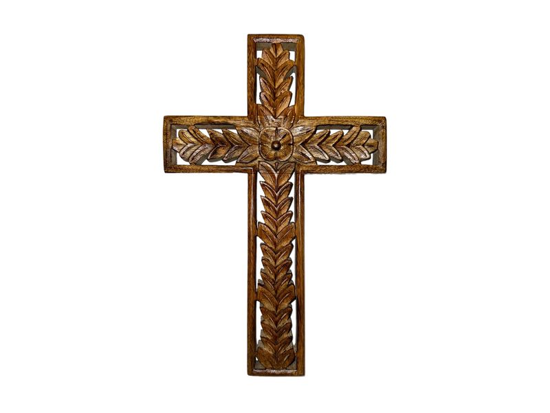 15" x 9" Leaf Carved Wood Cross 1